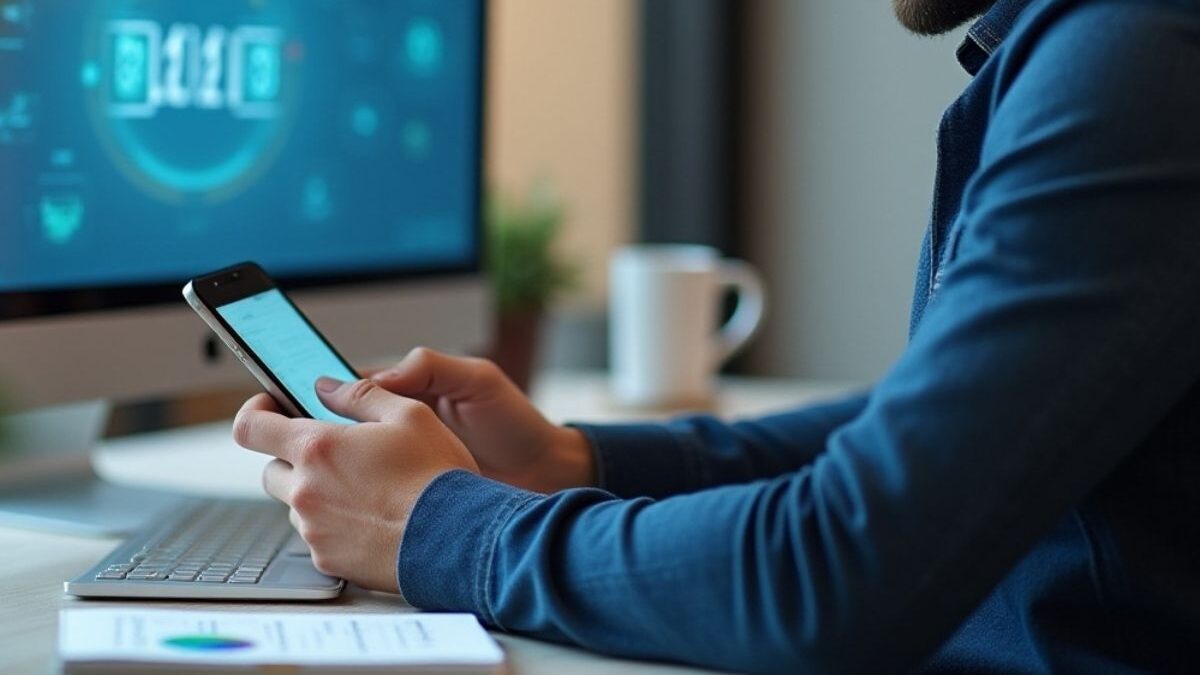 Empleado fichando con aplicacion para fichar en el trabajo